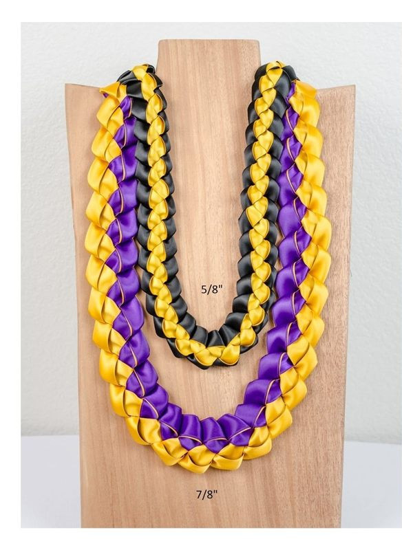 Two finished leis on a stand, the narrower 5/8 inch above the wider 7/8 inch